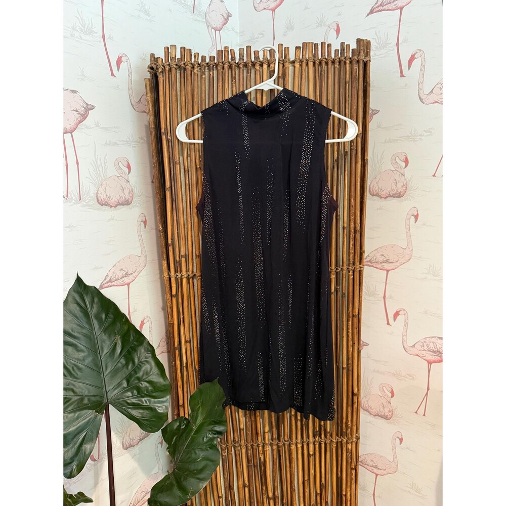 Vintage 90s Y2K Black Glitter Sleeveless High Neck Mini Dress Size 12 Petite